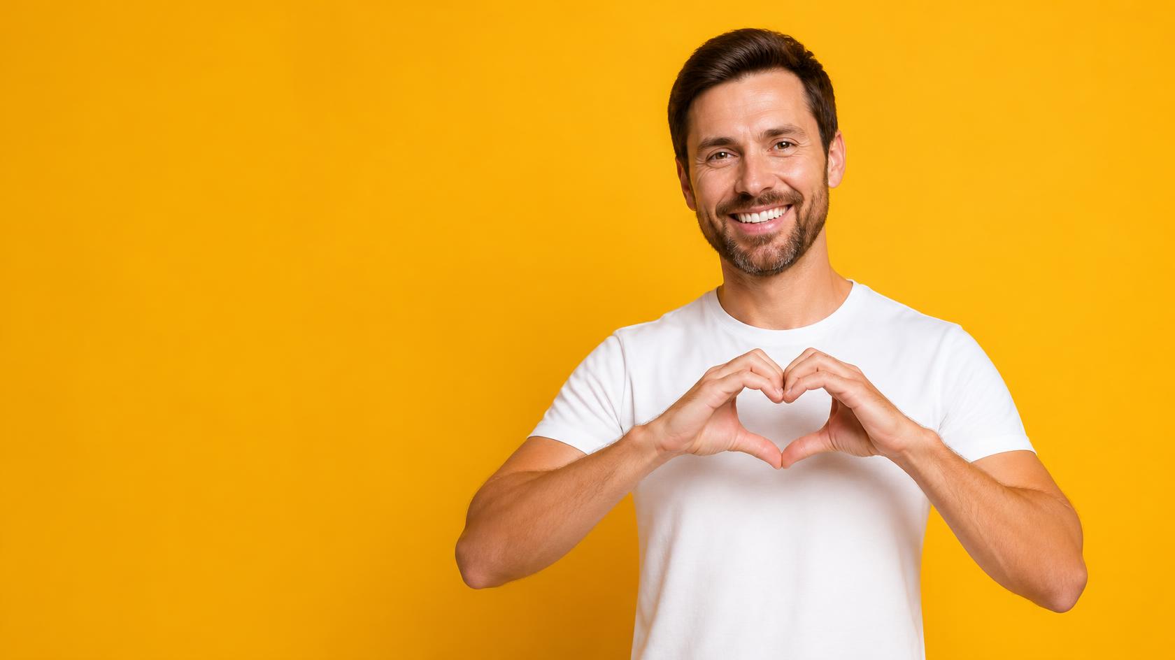 Smiling man in a white T-shirt making a heart shape with his hands